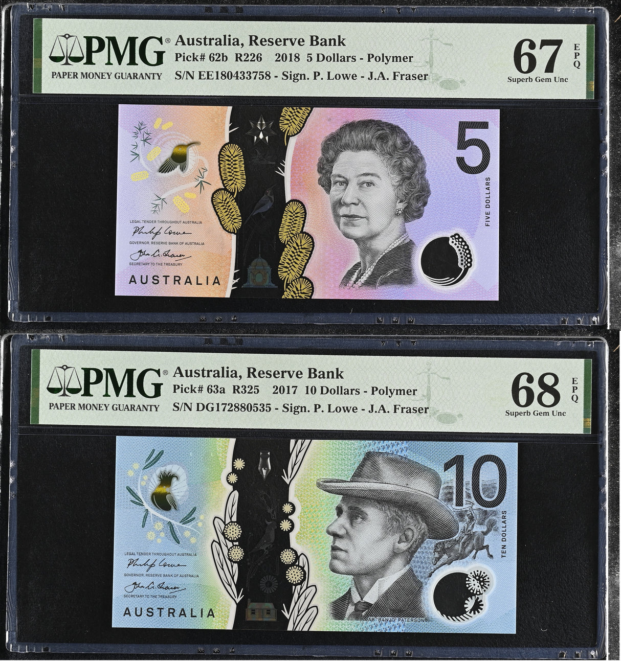 Australia Set 2; 5 10 Dollars 2017 2018 P 62 P 63  Superb Gem UNC PMG 67 68 EPQ