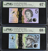 Australia Set 2; 5 10 Dollars 2017 2018 P 62 P 63  Superb Gem UNC PMG 67 68 EPQ