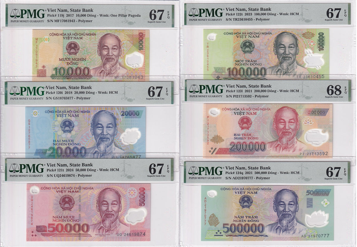 Vietnam Set 6;10000-500000 Dong 2017-2024 P 119-123 124 Superb UNC PMG 67 68 EPQ