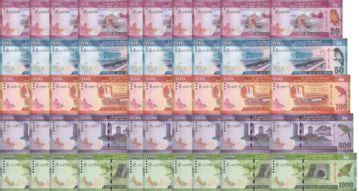 Sri Lanka Set 5 x 10 Sets = 50 UNC 20 50 100 500 1000 Rupees 2022-2024 issued 2026