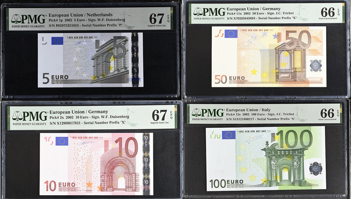 Euro Set 4; 5 10 50 100 Euro 2002 P 1 P 2 P 11 P 12 Superb Gem UNC PMG 66 67 EPQ