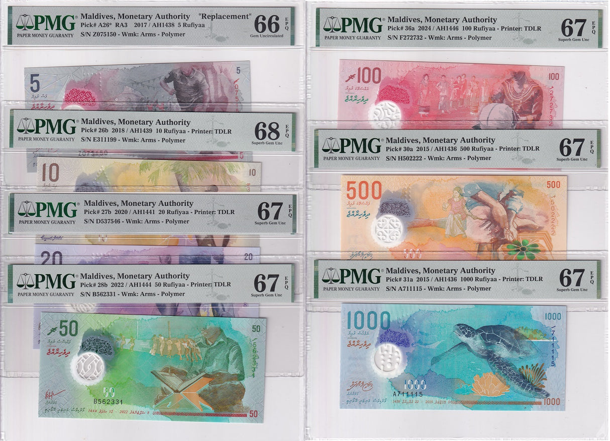 Maldives set 7; 5 -1000 Rufiyaa 2015-2022 P A26- 31 Gem UNC PMG 66 67 68 EPQ