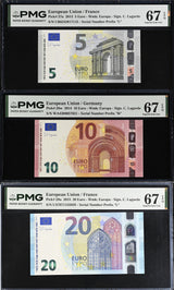 Euro Set 3; 5 10 20 Euro 2013 -2015 P 27 28 29 Superb Gem UNC PMG 67 EPQ