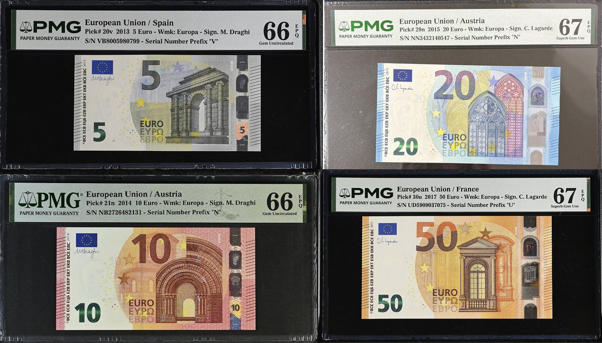 Euro Set 4; 5 10 20 50 Euro 2013-2017 P 20 21 29 30 Superb Gem UNC PMG 66 67 EPQ