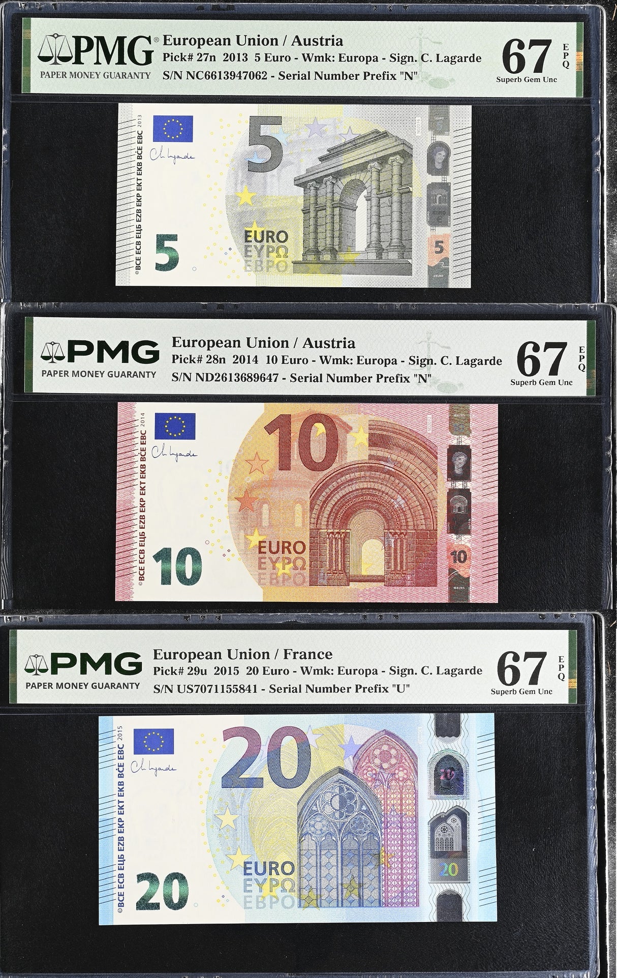 Euro Set 3; 5 10 20 Euro 2013 -2015 P 27 28 29 Superb Gem UNC PMG 67 EPQ