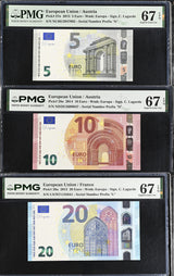 Euro Set 3; 5 10 20 Euro 2013 -2015 P 27 28 29 Superb Gem UNC PMG 67 EPQ