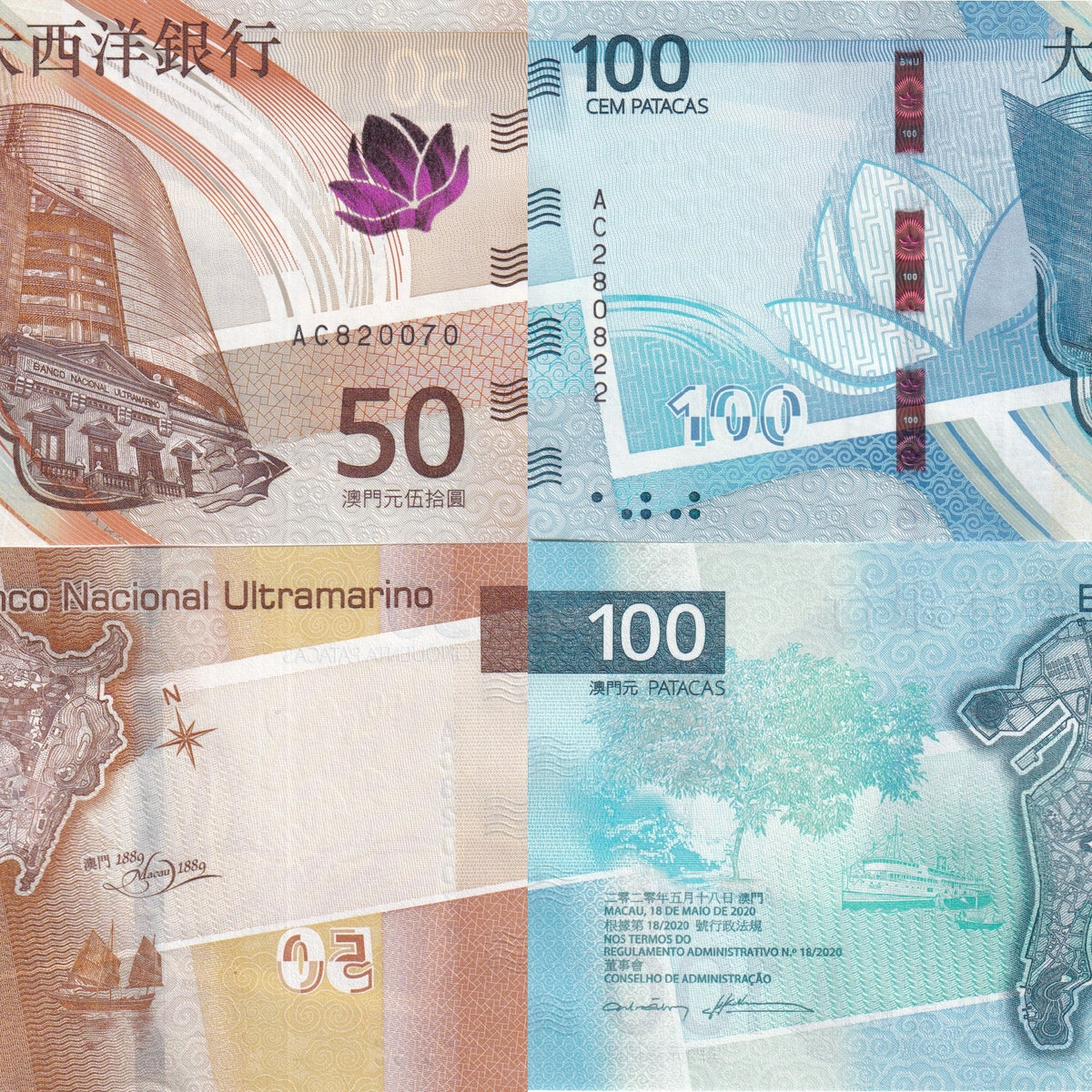 Macau SET 2 UNC 50 100 Patacas 2025 NEW BNU Bank Building MAP P 91 92 ...