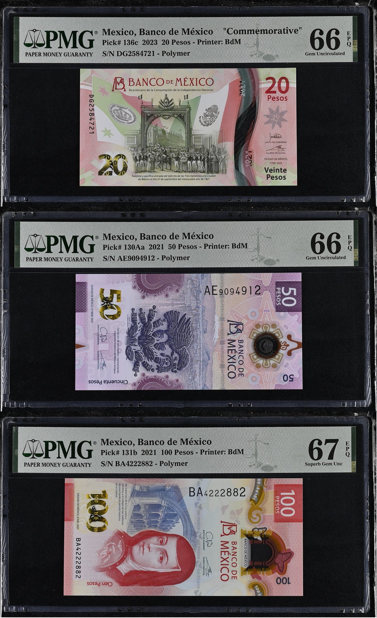 Mexico Set 3; 20 50 100 Pesos 2021 2023 P 130A P 131 P 136 Gem UNC PMG 66 67 EPQ