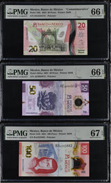 Mexico Set 3; 20 50 100 Pesos 2021 2023 P 130A P 131 P 136 Gem UNC PMG 66 67 EPQ