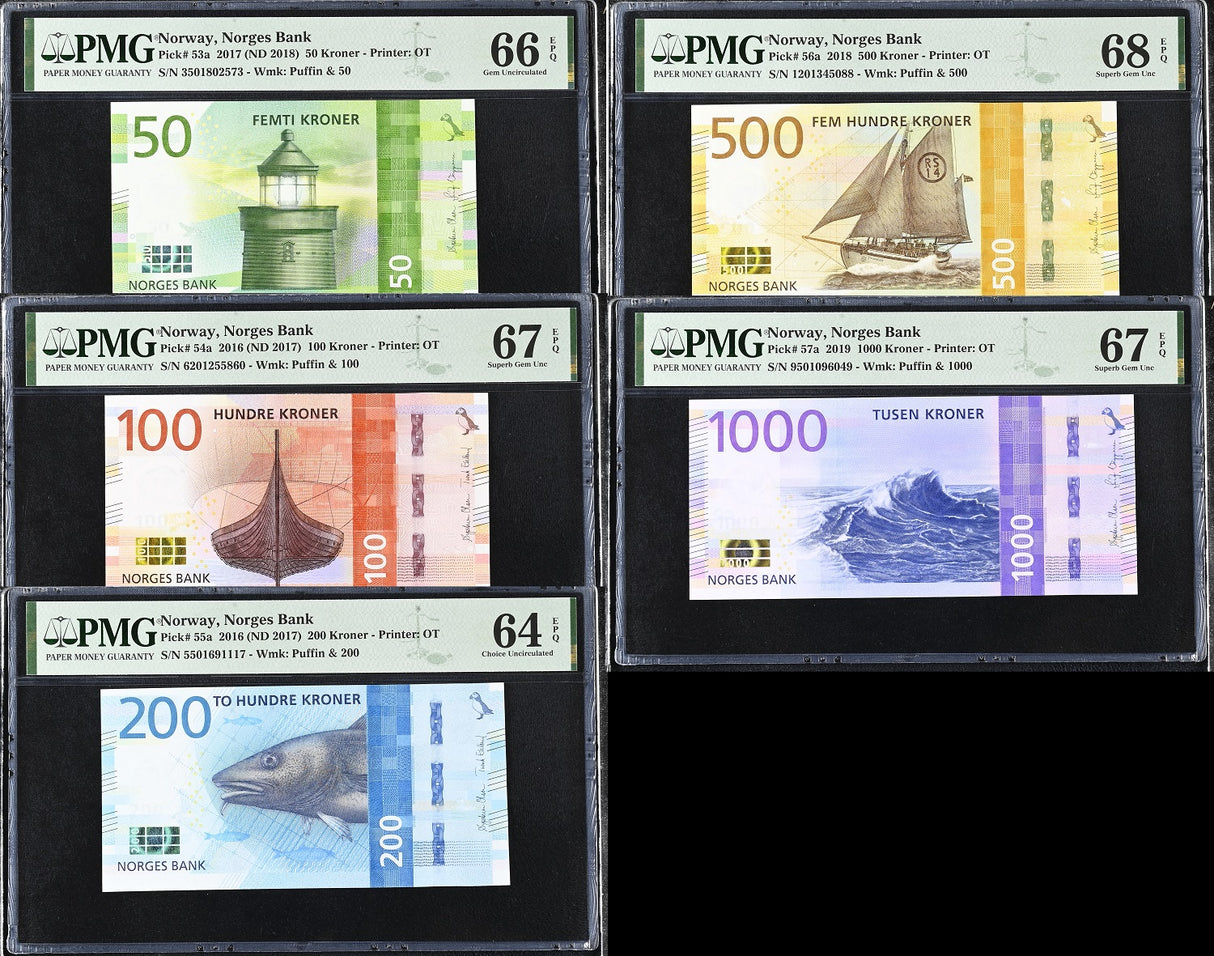 Norway Set 5; 50 100 200 500 1000 K. 2016-19 P57 Superb UNC PMG 64 66 67 68 EPQ