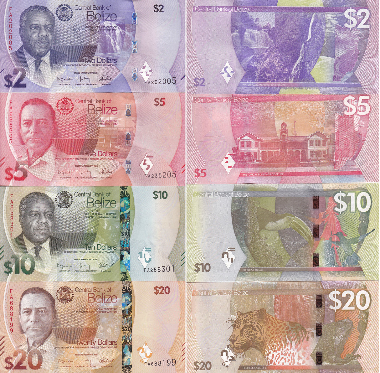 Belize set 4 AU 2 5 10 20 Dollars 2025 P NEW 73 74 75 76 AUnc