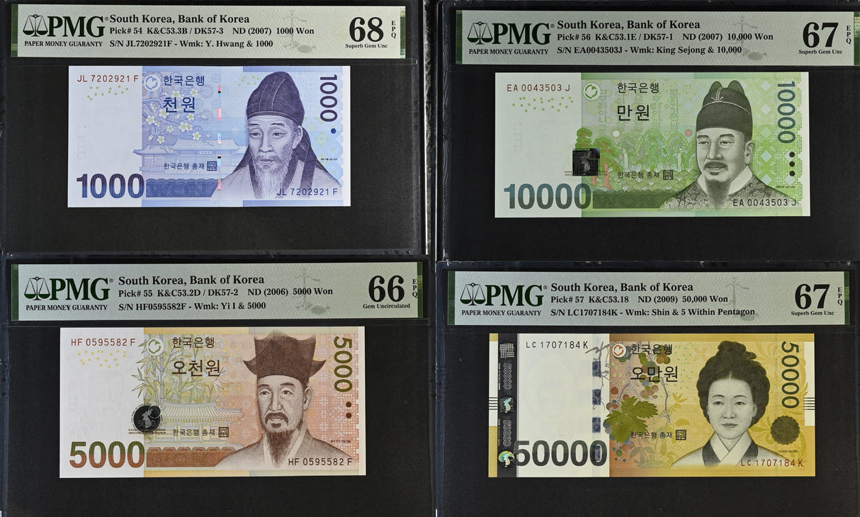 South Korea Set 4; 100-50000 Won ND 2009 P54-P57 Superb Gem UNC PMG 66 67 68 EPQ