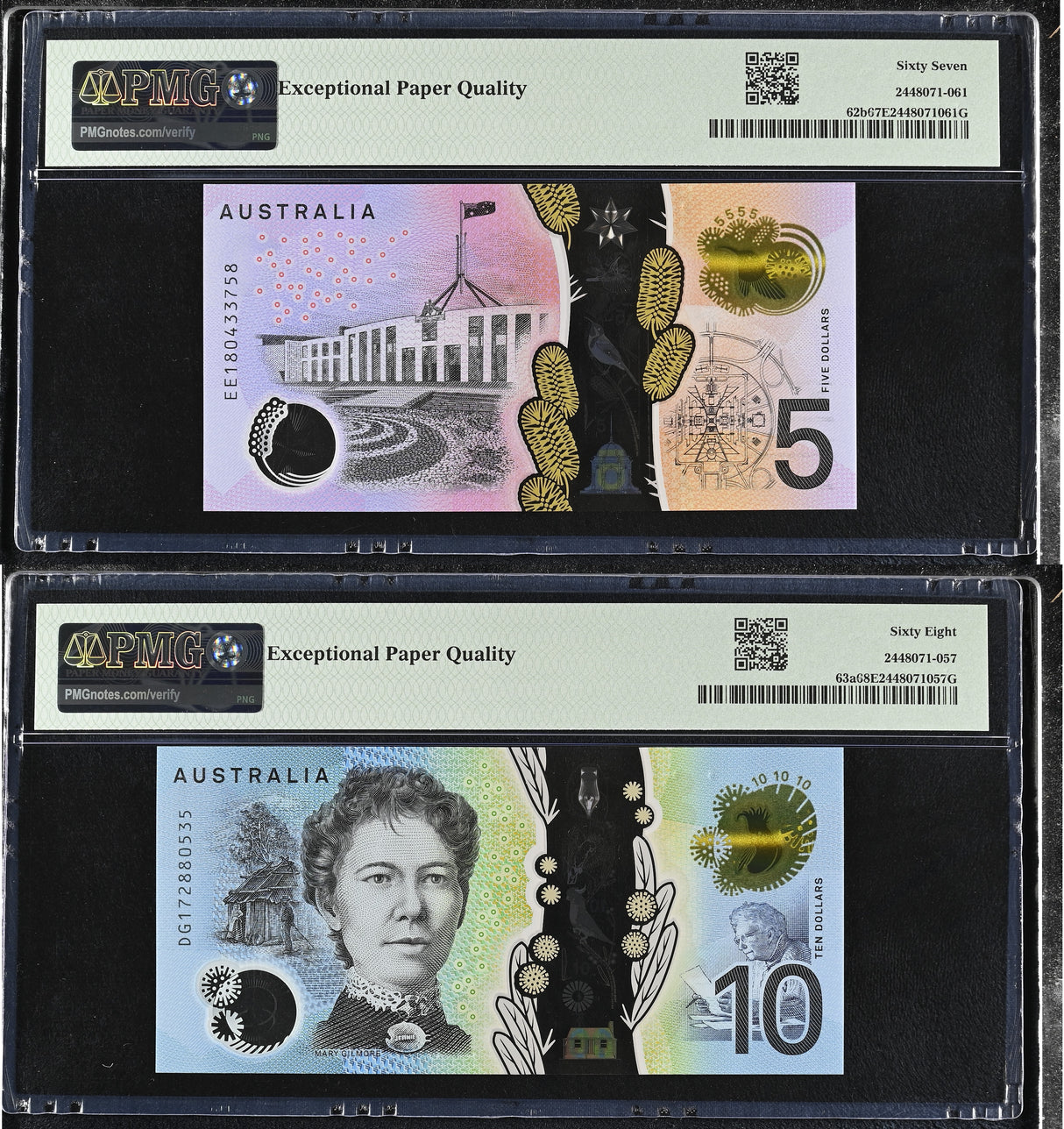 Australia Set 2; 5 10 Dollars 2017 2018 P 62 P 63  Superb Gem UNC PMG 67 68 EPQ