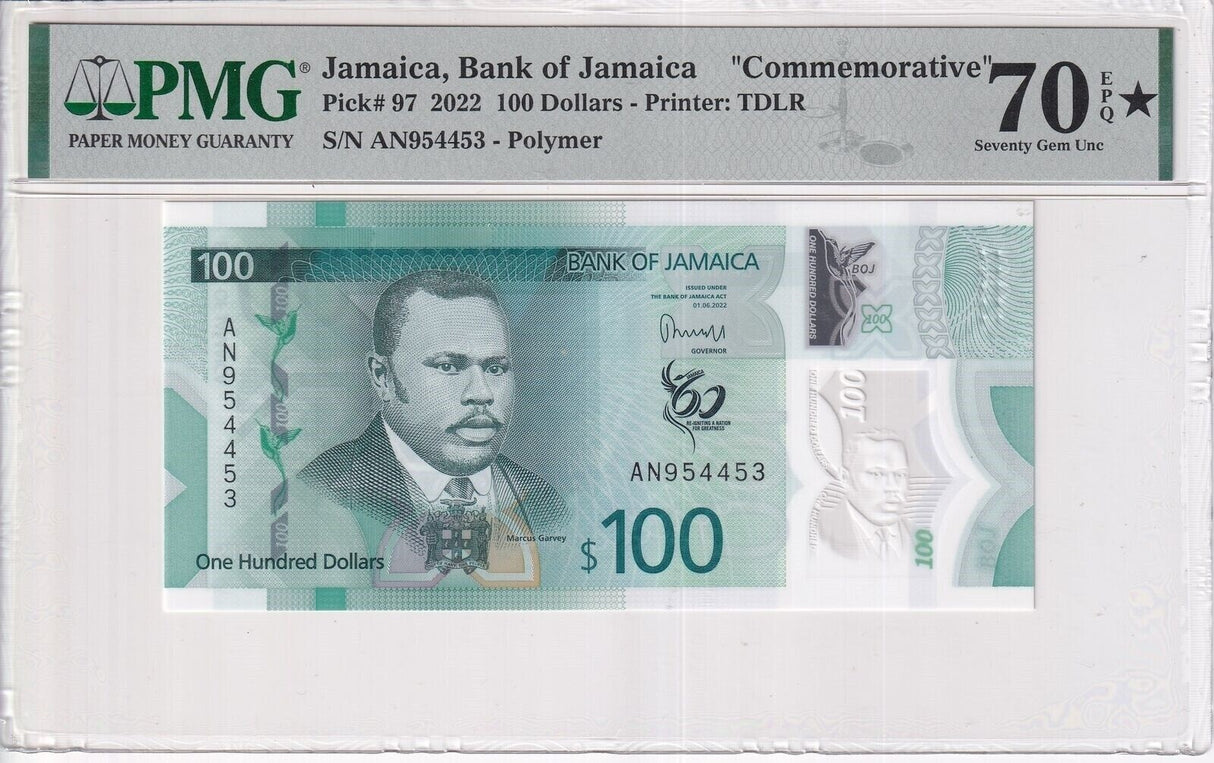 Jamaica 100 Dollars 2022 P 97 Superb Gem UNC PMG 70 EPQ Extra Star TOP