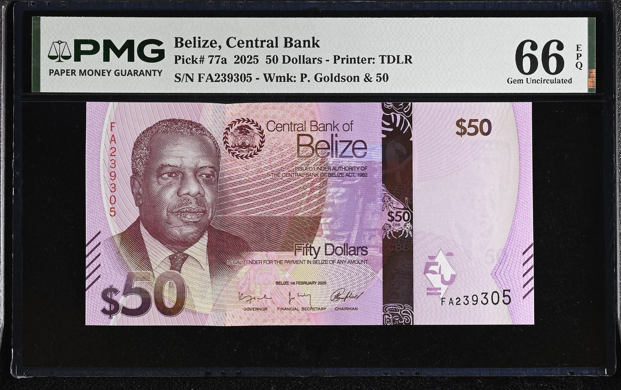 Belize 50 Dollars 2025 P 77 a Gem UNC PMG 66 EPQ
