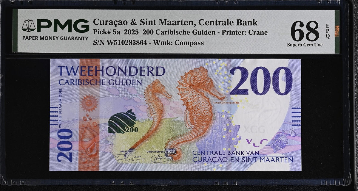 CURACAO & SINT MAARTEN 200 Gulden 2025 P 5 a Superb Gem UNC PMG 68 EPQ