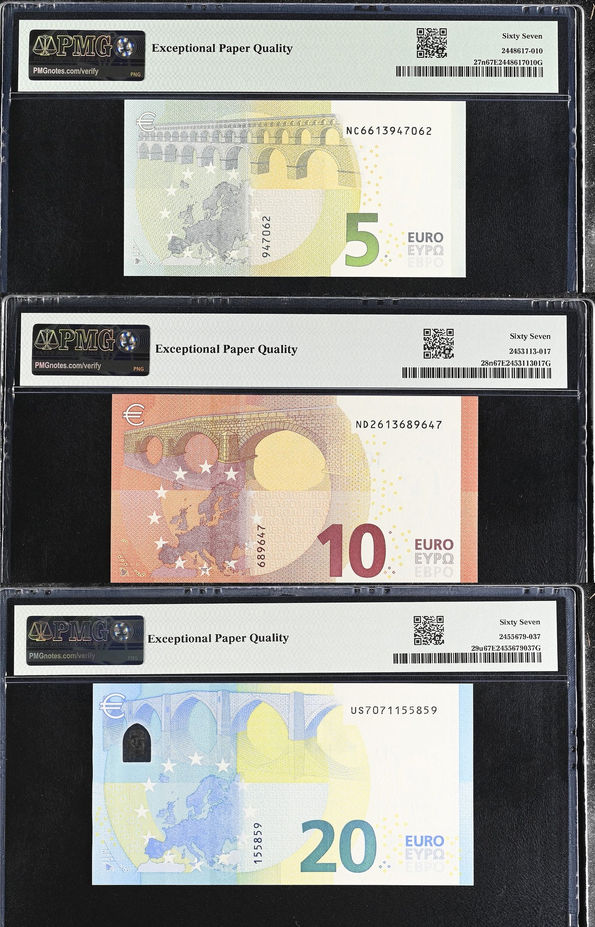 Euro Set 3; 5 10 20 Euro 2013 -2015 P 27 28 29 Superb Gem UNC PMG 67 EPQ