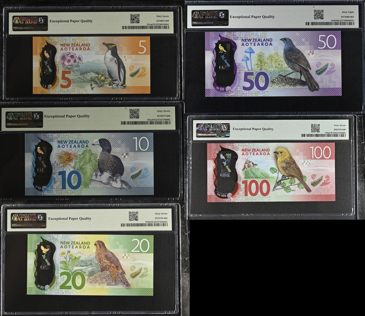 New Zealand Set 5; 5-100 Dollars 2015-18 P 191-P 195 Superb Gem PMG 67 68 EPQ