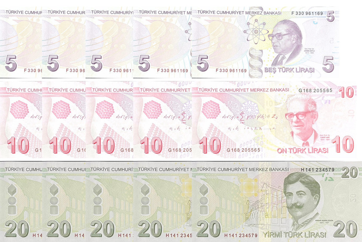 Turkey SET 3 X Lot 5 = 15 UNC 5 10 20 Lira 2022/2025 Mixed Prefix P 222 223 224