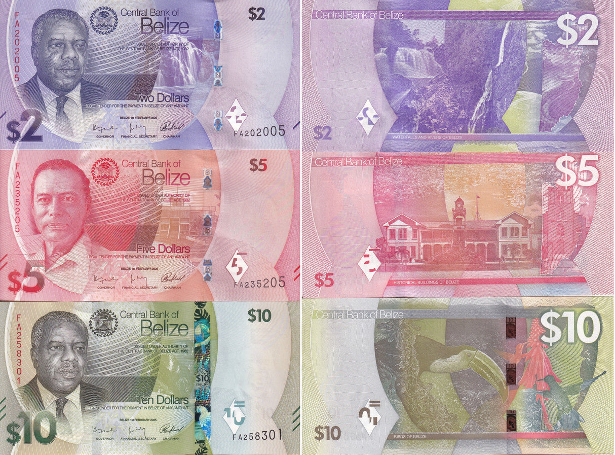 Belize set 3 AU 2 5 10 Dollars 2025 P NEW 73 74 75 Design BIRD Waterfall AUnc