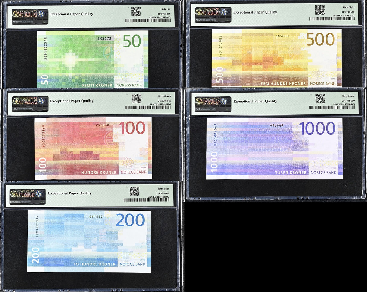Norway Set 5; 50 100 200 500 1000 K. 2016-19 P57 Superb UNC PMG 64 66 67 68 EPQ