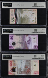 Mexico Set 3; 20 50 100 Pesos 2021 2023 P 130A P 131 P 136 Gem UNC PMG 66 67 EPQ