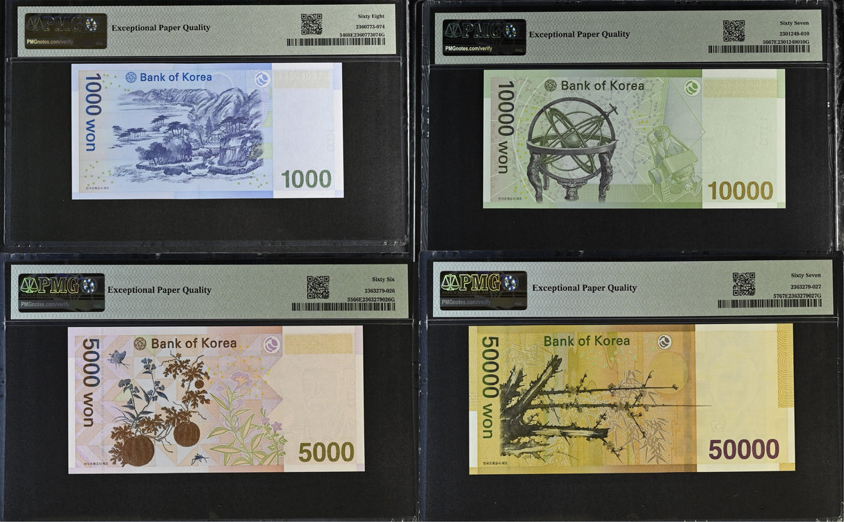 South Korea Set 4; 100-50000 Won ND 2009 P54-P57 Superb Gem UNC PMG 66 67 68 EPQ