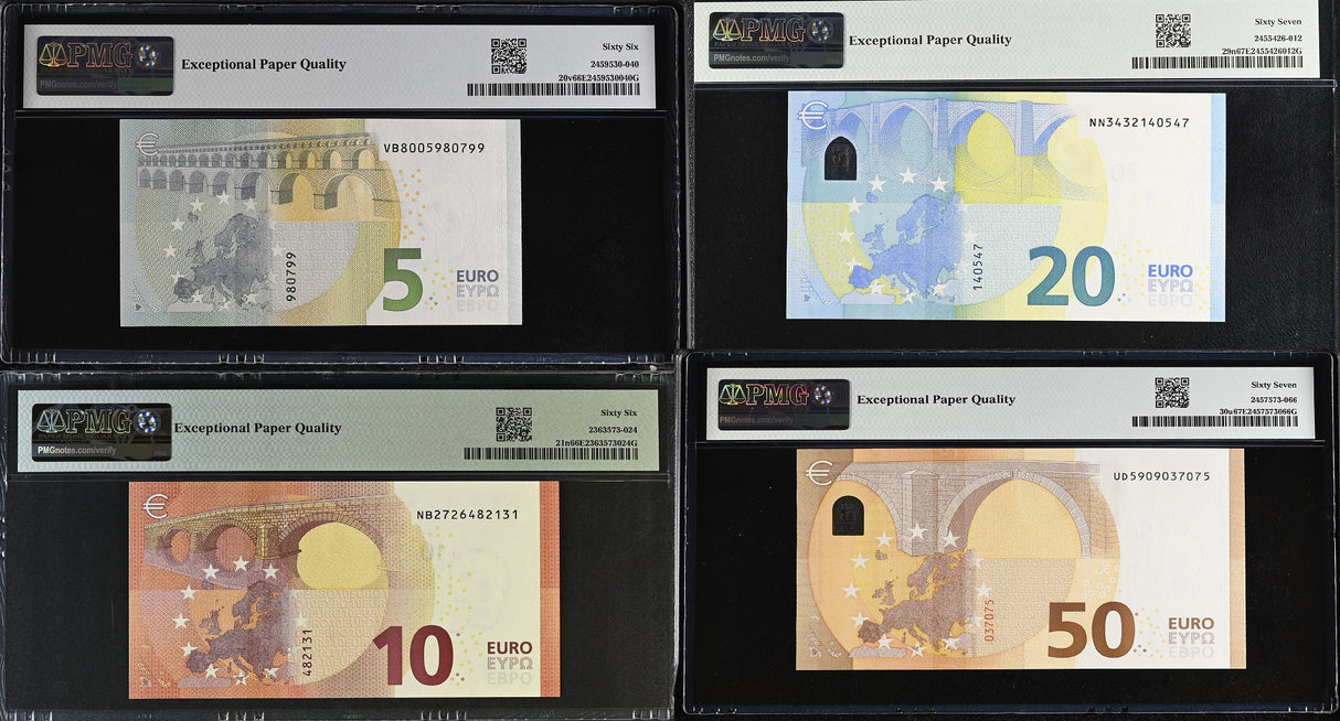 Euro Set 4; 5 10 20 50 Euro 2013-2017 P 20 21 29 30 Superb Gem UNC PMG 66 67 EPQ