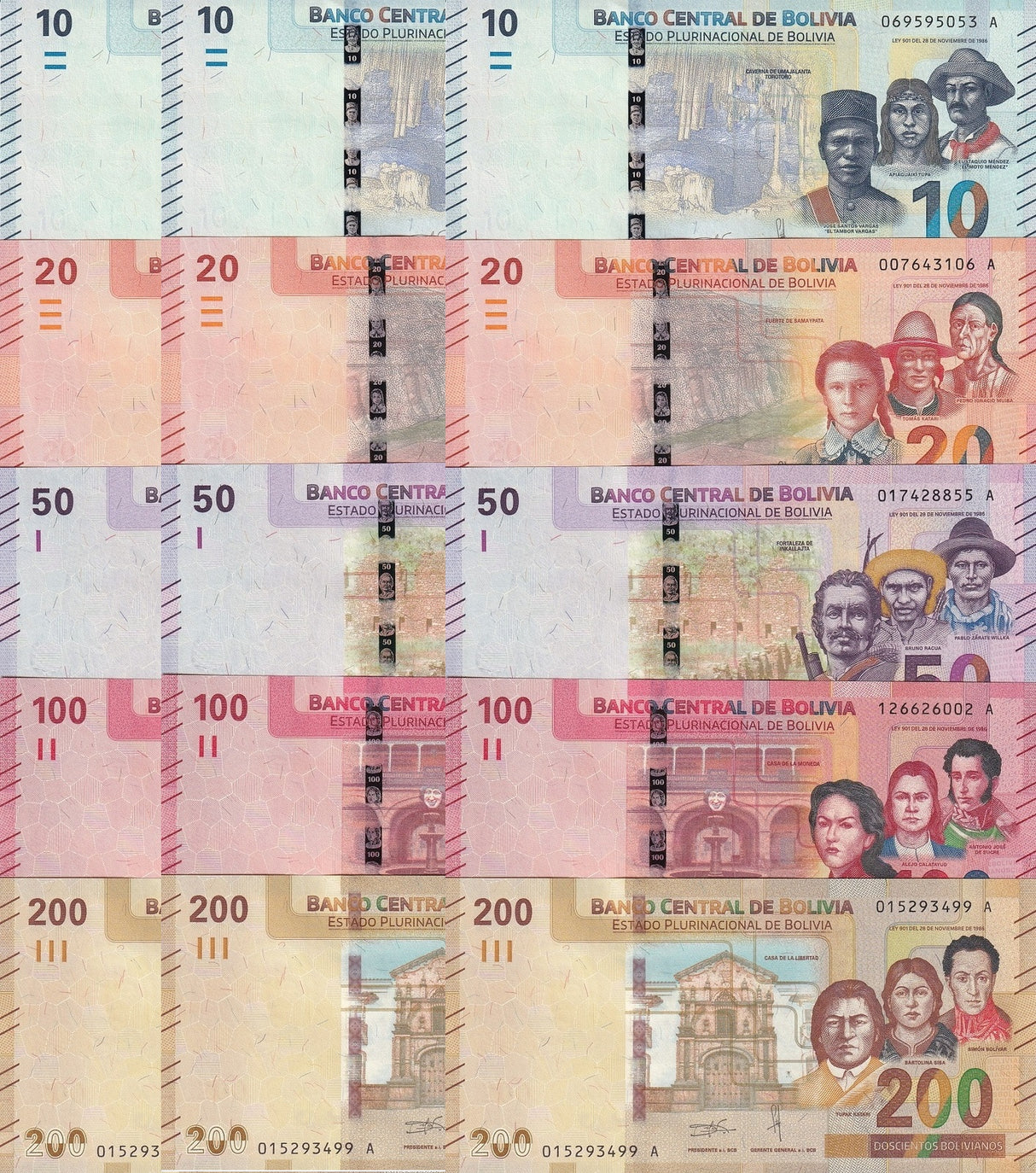 Bolivia SET 5 X LOT 3 = 15 UNC 10 20 50 100 200 Bolivianos 2018 P 248 249 250 251 252 UNC