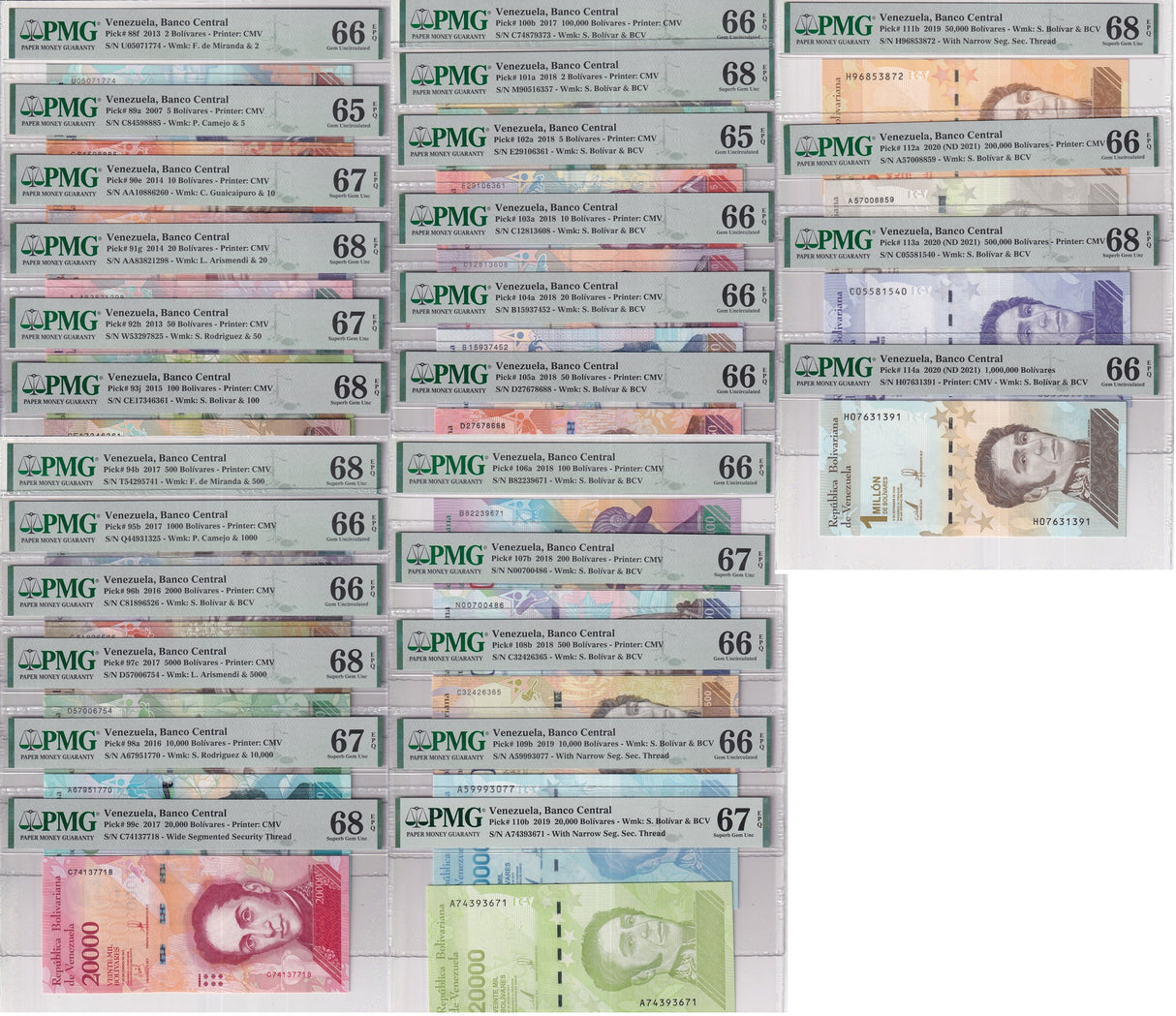 Venezuela Set 27; 2 - 1 Million 2013-20 P 88- 113 114 Gem UNC PMG 65 66 67 68EPQ