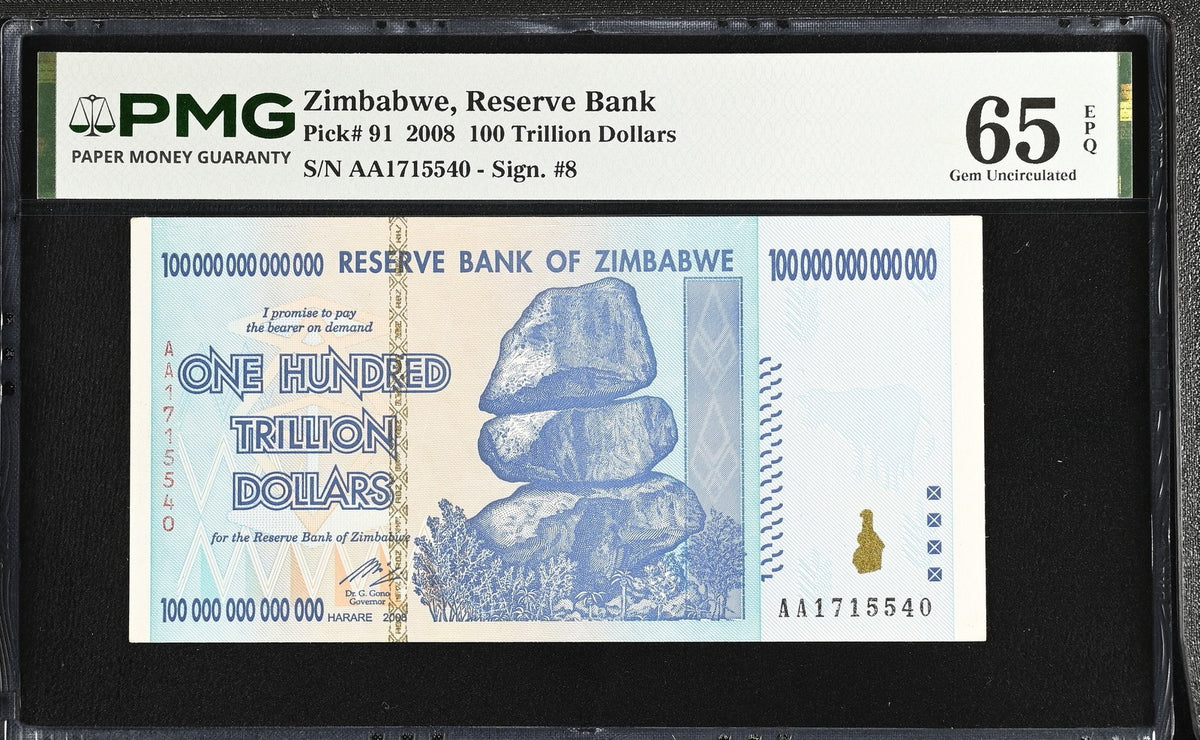 Zimbabwe 100 Trillion Dollars 2008 P 91 Gem UNC PMG 65 EPQ Victoria Falls