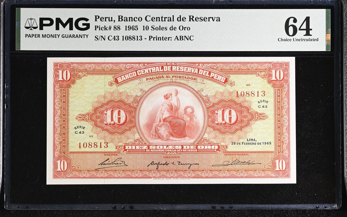Peru 10 Soles De Oro 1965 P 88 Choice UNC PMG 64 , Printer ABNC