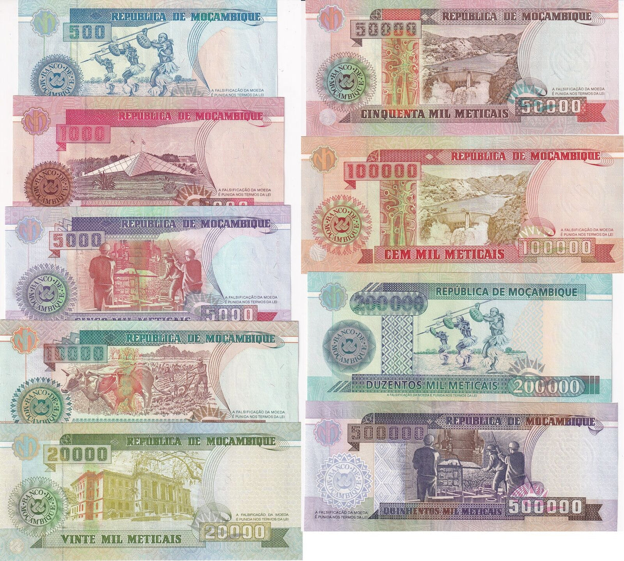 Mozambique SET 9 UNC 500 - 500000 M. 1993-2003 P 134 135 136 137 - P 142
