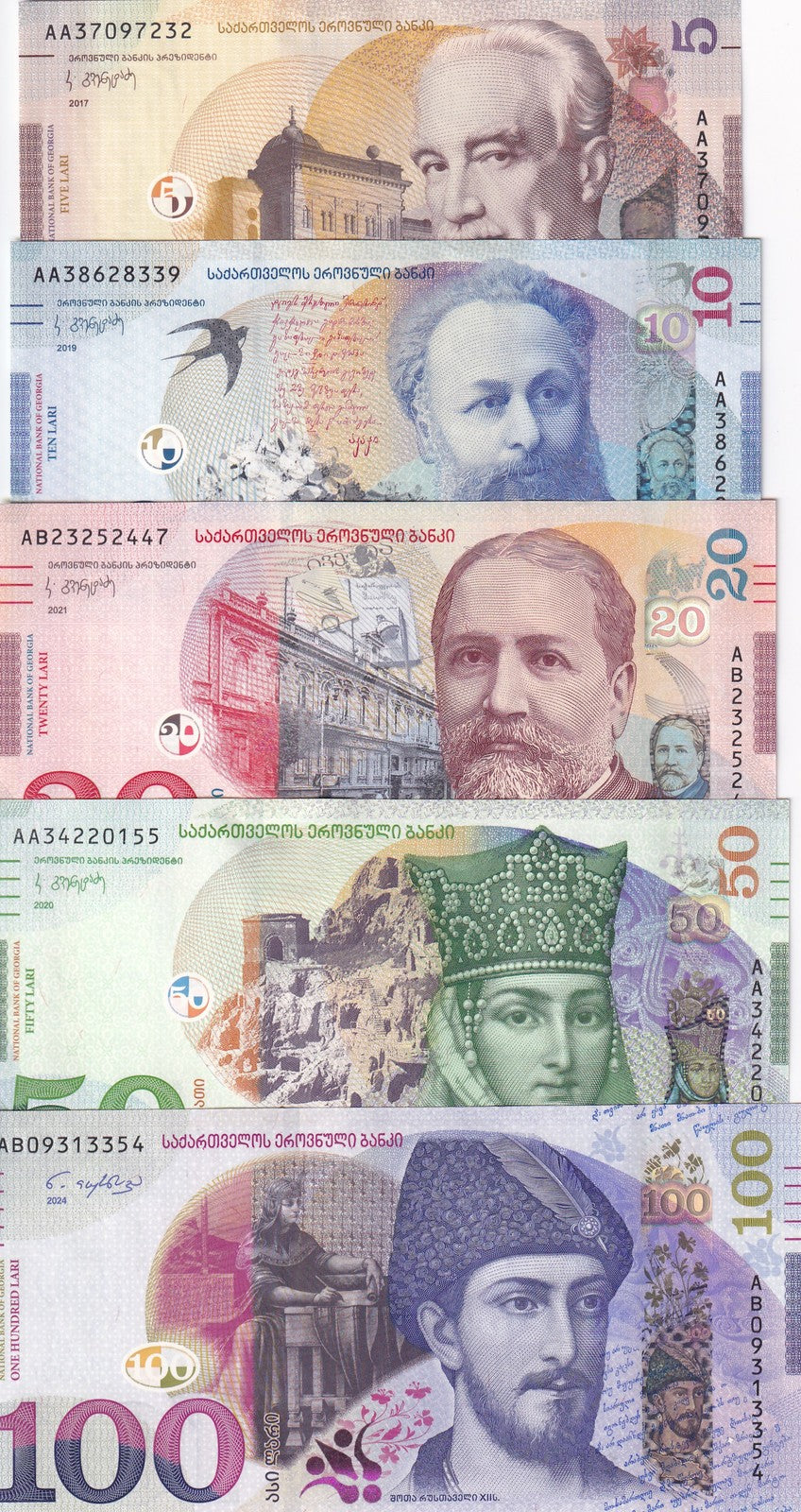 Georgia Set 5 Pcs 5 10 20 50 100 Lari 2017 2024 P 76 77 78 79 80 UNC