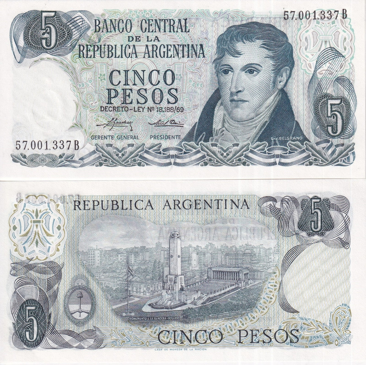 Argentina 5 Pesos ND 1975 P 294 UNC ,Monument of the Flag), Rosario