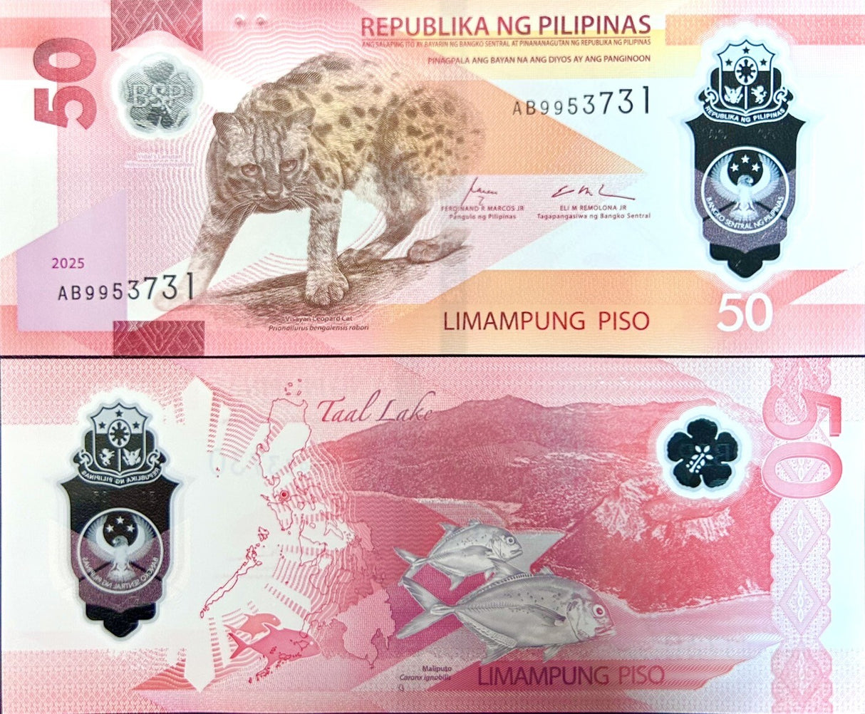 Philippines SET 2 UNC 50 100 Piso 2025/2024 Leopard Peacock Polymer P 237 238
