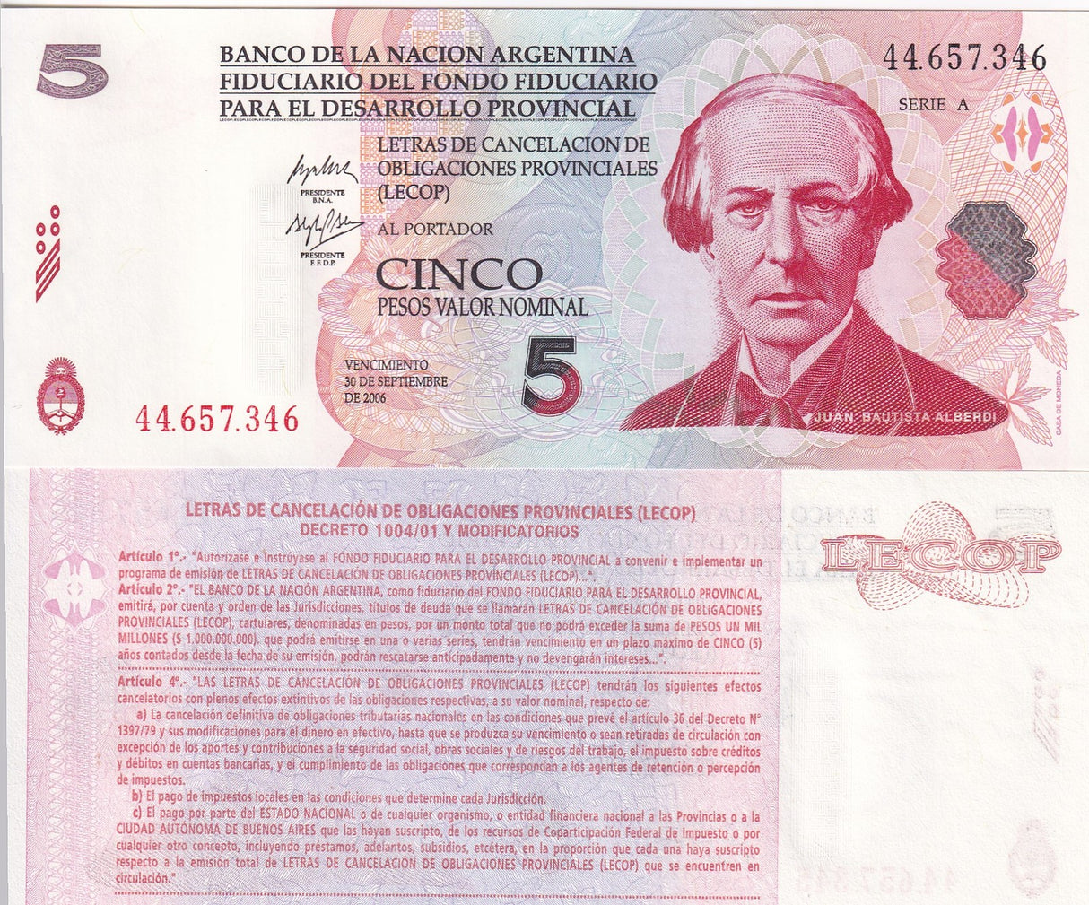 Argentina 5 Pesos 2006 Emergency Note LECOP P NL UNC