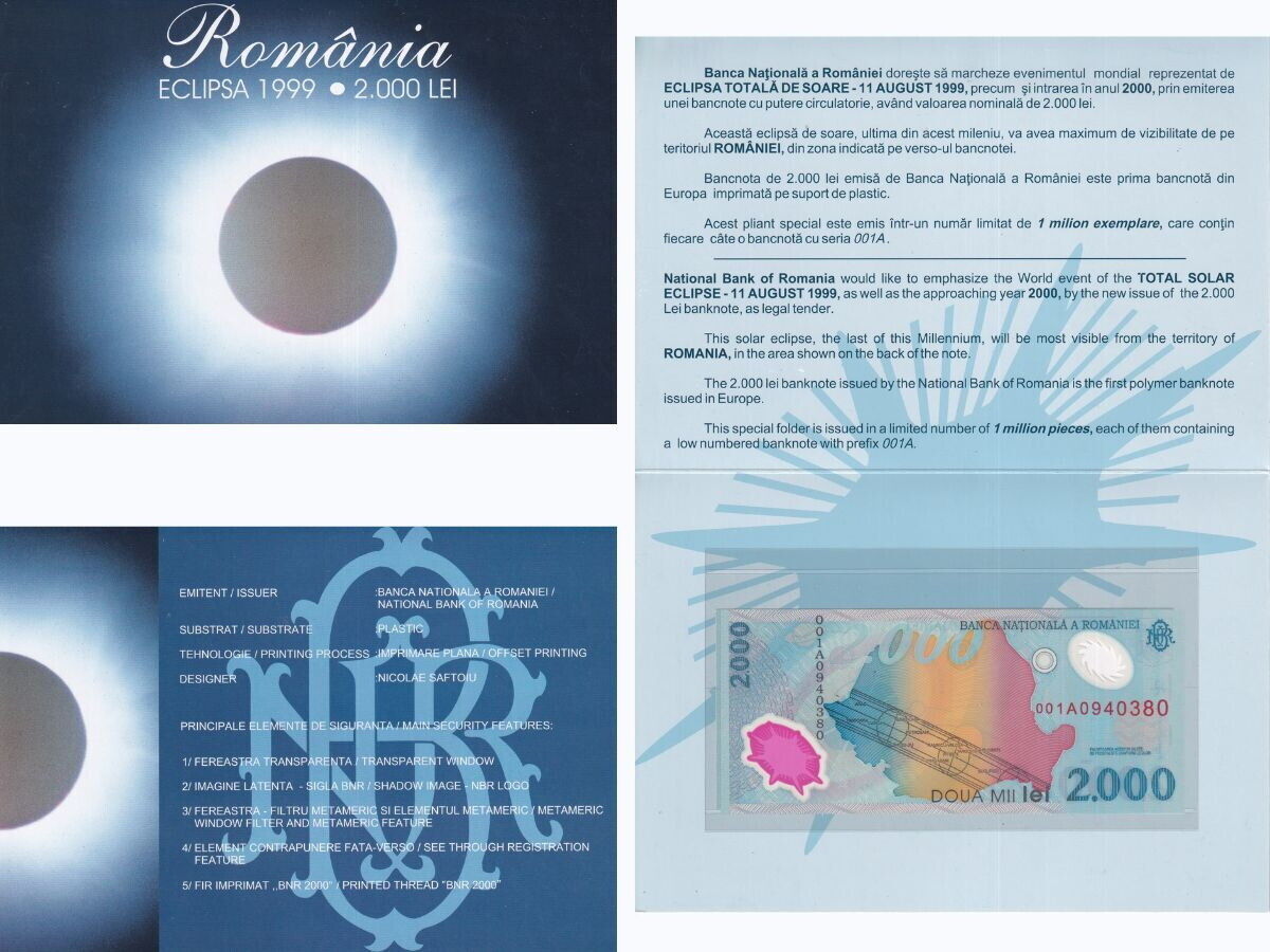 Romania 2000 Lei 1999 P 111 001A Polymer UNC With Folder LOT 3 PCS