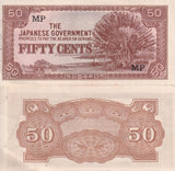 MALAYA 50 CENTS JAPANESE OCCUPATION P M4 "MP" AUnc Little Yellow Tone