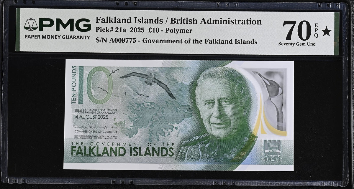 Falkland Islands 10 Pounds 2025 P 21 a Superb Gem UNC PMG 70 EPQ Extra Star TOP