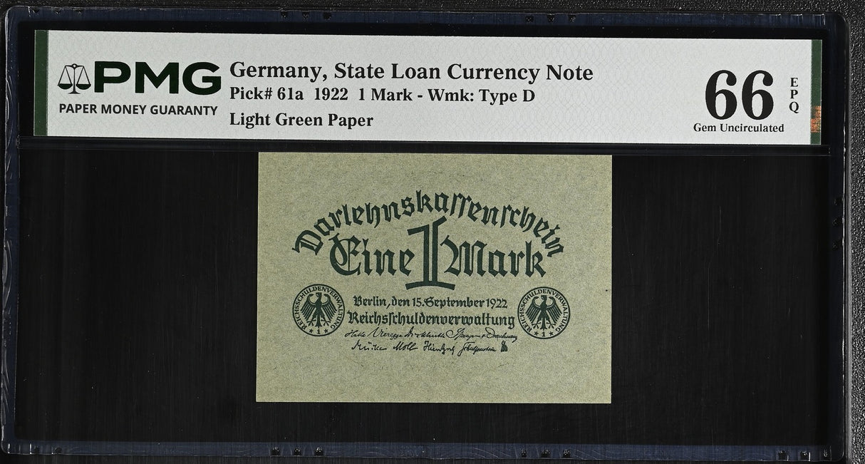 Germany 1 Mark 1922 P 61 a Gem UNC PMG 66 EPQ