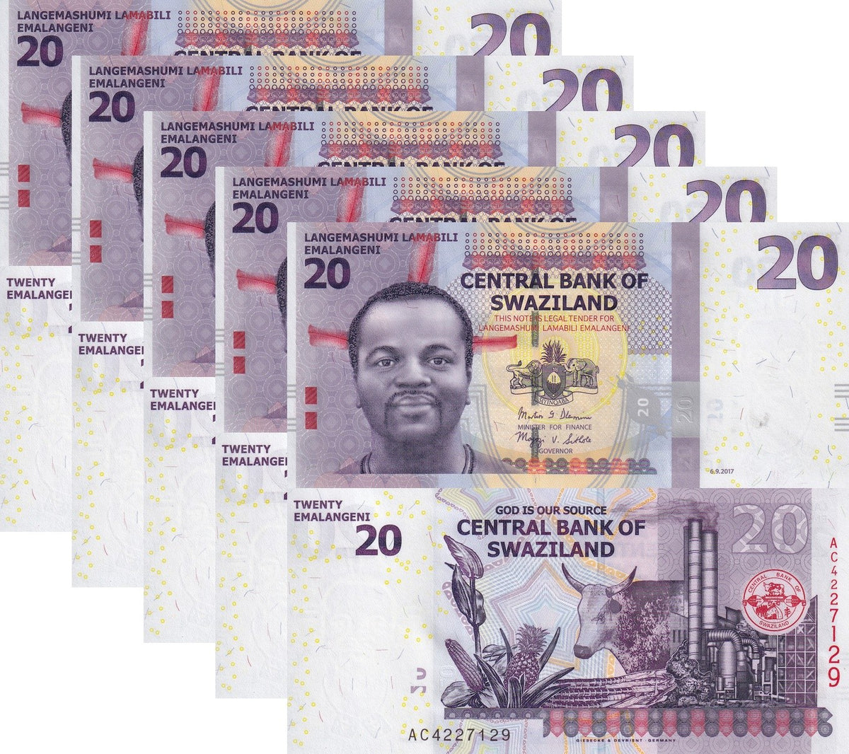 Swaziland 20 Emalangeni 2017 P 37 c UNC, Flower, corn, pineapple LOT 5 PCS