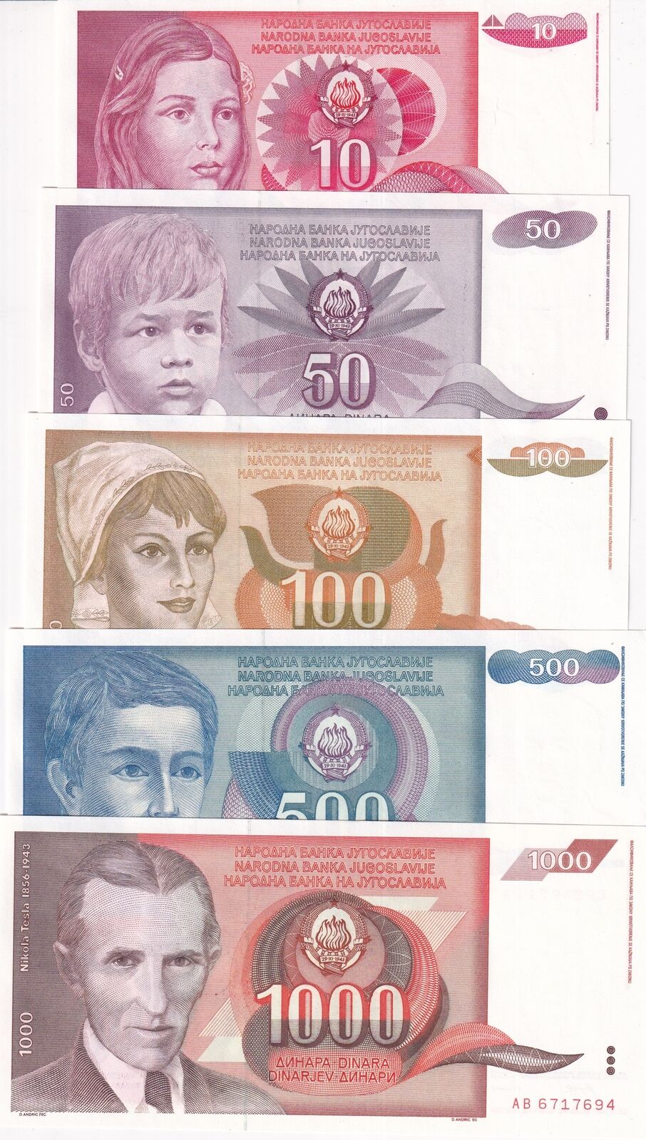 Yugoslavia Set 5 Pcs 10 50 100 500 1000 Dinara 1990 P 103 104 105 106 107 UNC