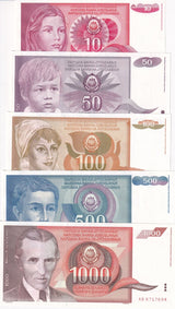 Yugoslavia Set 5 Pcs 10 50 100 500 1000 Dinara 1990 P 103 104 105 106 107 UNC