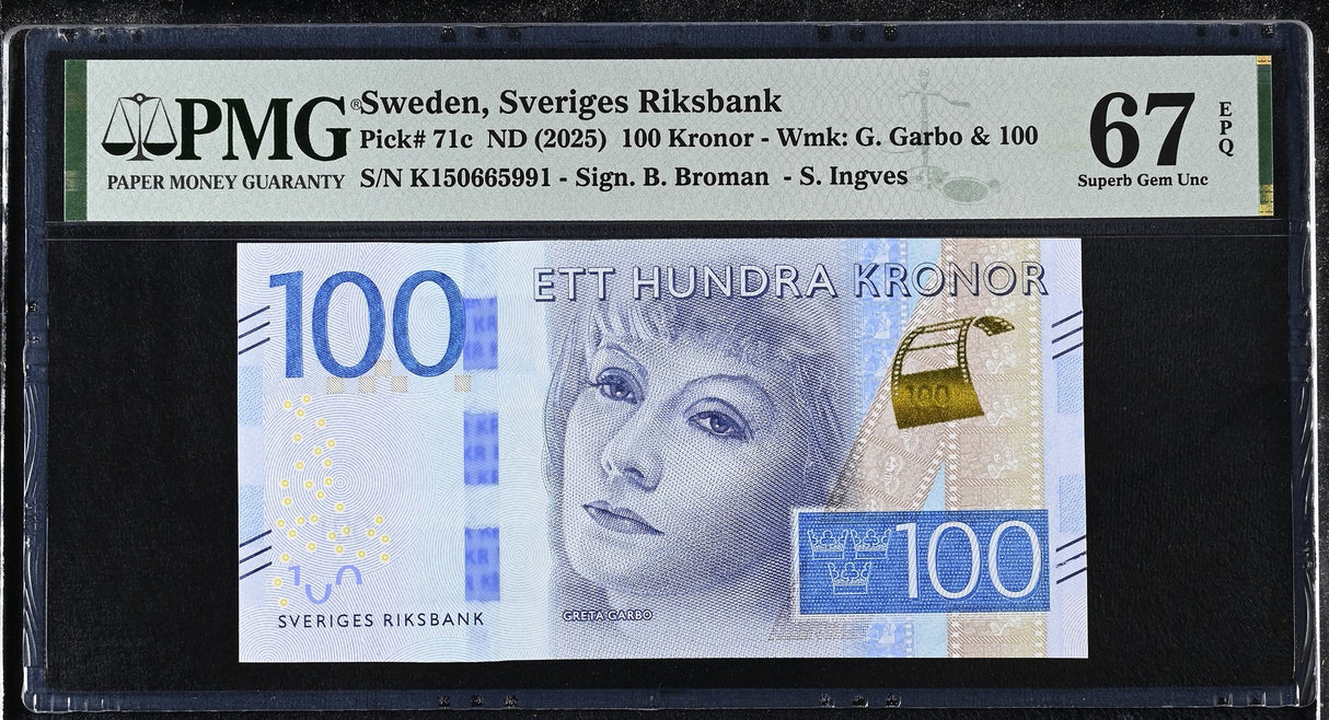 Sweden 100 Kronor ND 2025 P 71 c Superb Gem UNC PMG 67 EPQ TOP POP