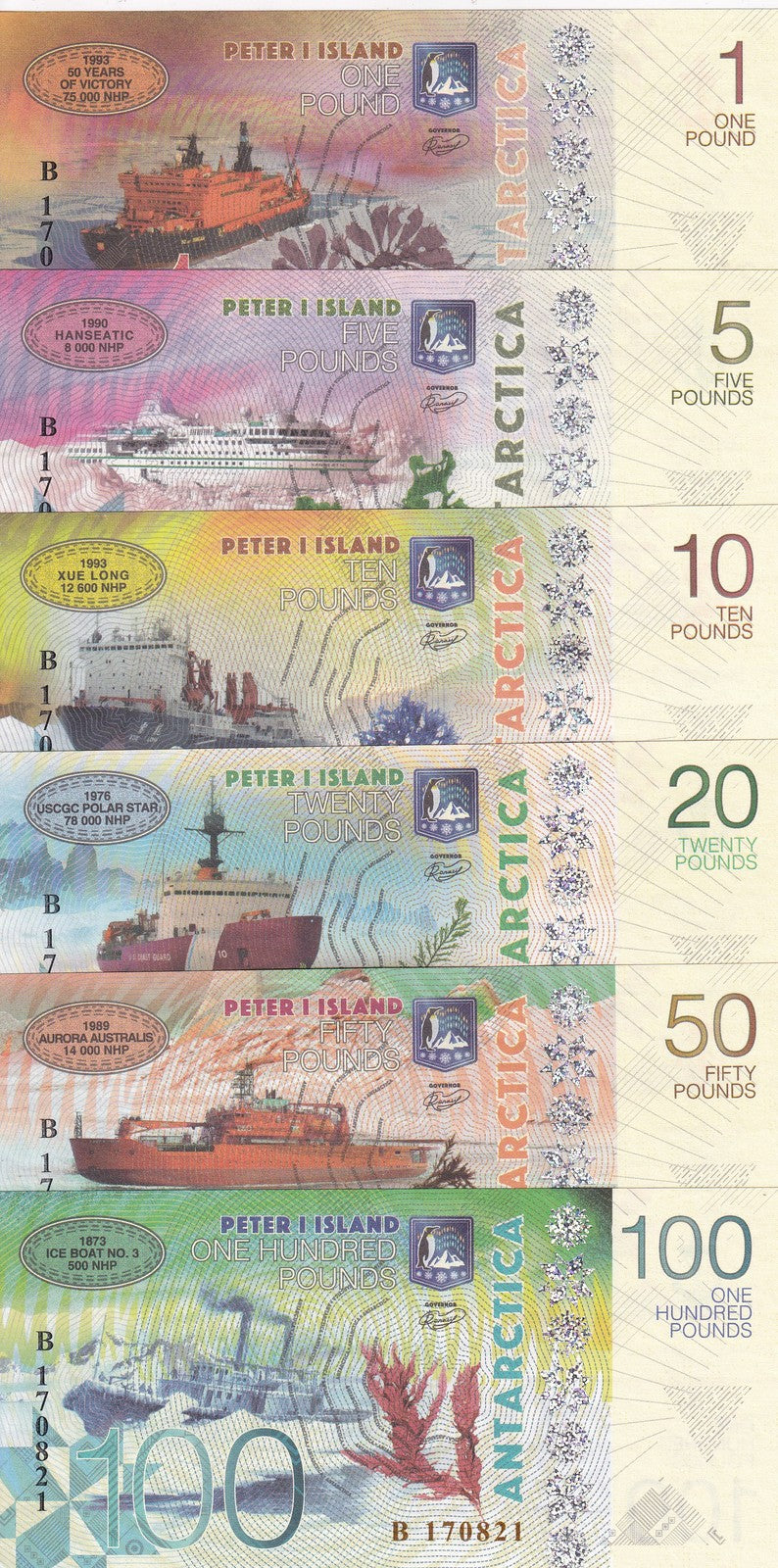 Island Peter I Set 6 Antarctica 1 5 10 20 50 100 Pound 2017 Fantasy SHIP