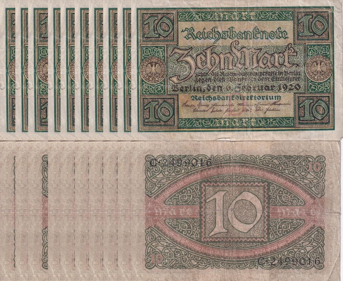 GERMANY 10 Mark 1920 P 67 USED / CIRCULATED LOT 10 PCS