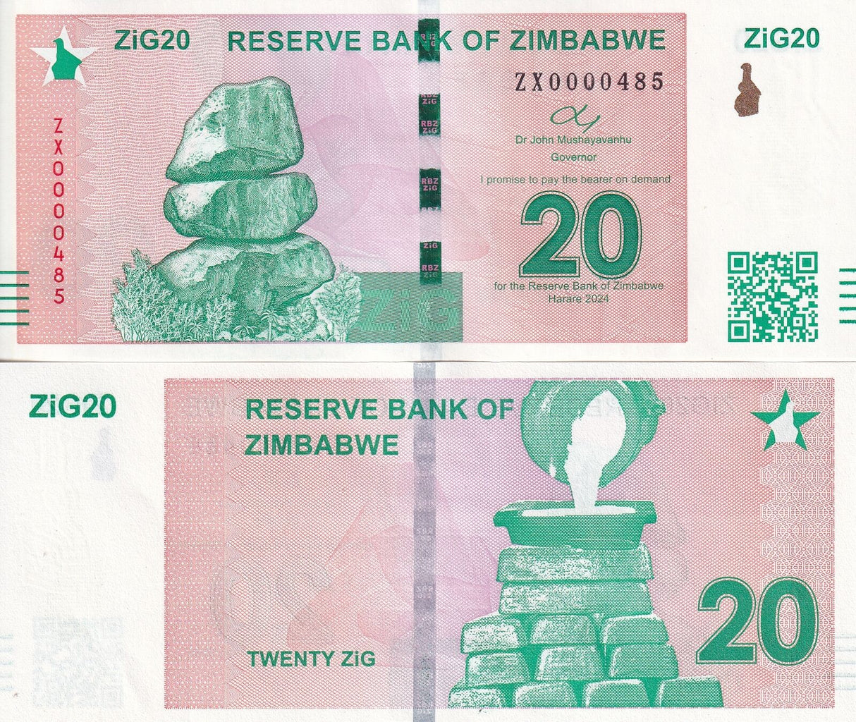 Zimbabwe SET 2,10 20 ZiG 2024 P NEW Replacement ZX Gold Backed UNC With QR Code