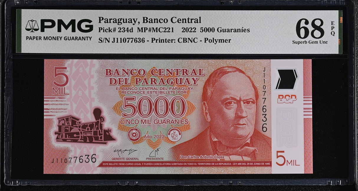 Paraguay 5000 Guaranies 2022 P 234 d Polymer Superb Gem UNC PMG 68 EPQ