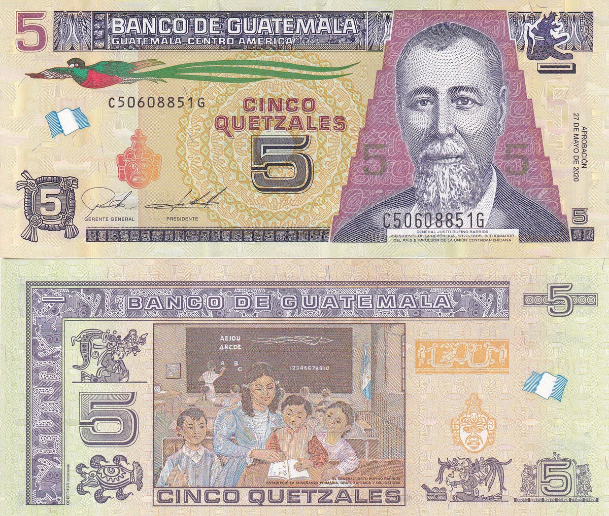 Guatemala 5 Quetzales 2020 P 122A UNC ,General Justo Rufino Barrios